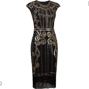 Black and Gold Sequin Flapper Dress w Headband